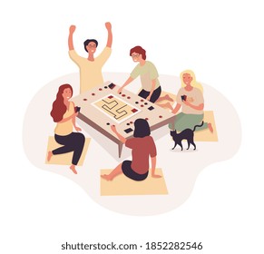 Group of young friends playing board games at home grouped around a low table cheering and laughing, colored flat cartoon vector illustration with fictional chatacters