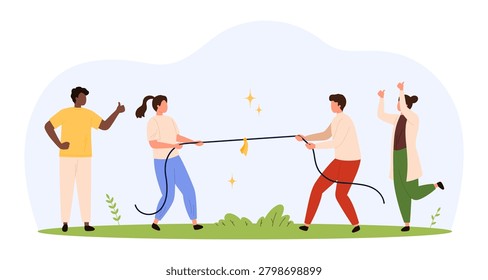 Group of young friends playing tug of war game outdoors, competing and cheering together in a friendly team challenge, flat cartoon style isolated on white background vector illustration