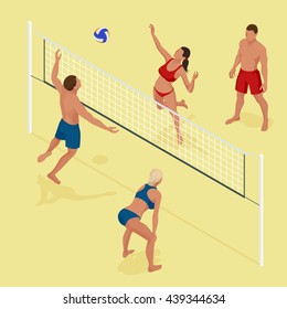 Group young Friends Playing Volleyball On Beach. Beach volleyball Is a popular sport. Flat 3d vector isometric illustration.