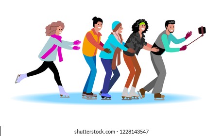 Group  of  young  friends  skating and taking selfie outdoor. Vector illustration