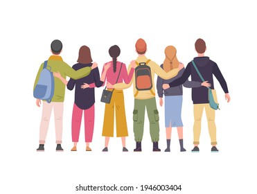 Group young friends standing with their backs hugging each other illustration. Joyful warm relations among students and old acquaintances meeting after long separation of friend. Friendship vector.