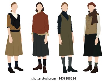 A group of young girl wearing earth tones outfit, casual vintage style. Standing pose on white background vector. 