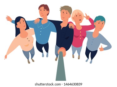 Group of young girls and boys making photo selfie together holding selfie stick. Colorful diversity hairstyle. Group of female and male characters fooling around. Flat cartoon vector illustration