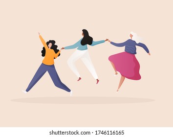A group of young girls dancing. Funny cartoon characters. Trendy retro style.