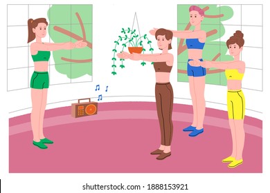 Group of young girls doing sports physical exercises, home workouts and fitness at home during quarantine and lead healthy lifestyle. Flat vector illustration. Women using the house as a gym.