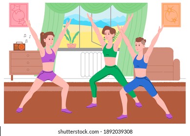 Group of young girls doing sports physical exercises, home workouts and fitness at home during quarantine and lead healthy lifestyle. Flat vector illustration. Women using the house as a gym.