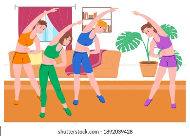 Group of young girls doing sports physical exercises, home workouts and fitness at home during quarantine and lead healthy lifestyle. Flat vector illustration. Women using the house as a gym.