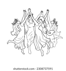 A group of young girls in dresses with long hair are jumping and dancing in a circle, holding hands. Vector for logos of dance, sports and creative clubs, etc. Linear drawing of happy people