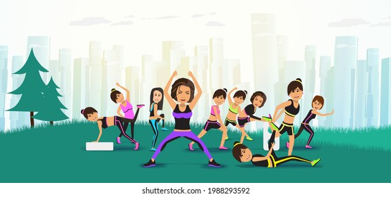A group of young girls are engaged in fitness in a city park. Vector banner