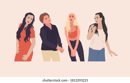 A group of young girls flat vector illustration. Young woman in casual clothes. The youth way of life.