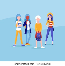 Group of young girls friends, stand together. Students, schoolchildren illustration in cartoon style. Set of teens girls. School friends talking at recess, vector. Women's team.