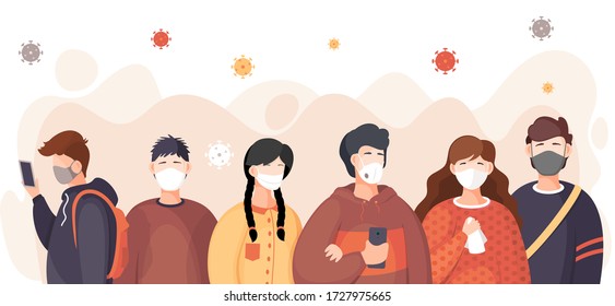 Group of young girls and guys in face medical masks among flying virus pathogen. Spreading dangerous virus among people. Vector cartoon characters, website banner. Concept of viral pandemic in world