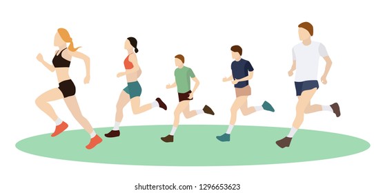 A group of young girls and guys running in nature in the park. Sport. Training. Cartoon style flat illustration.
