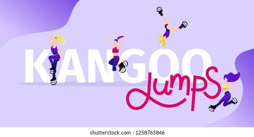 The group of young girls, jumping on kangoo training. Vector