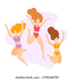 A group of young girls with long hair is jumping on a white background with copy space. Stylish modern vector illustration with happy womens party, sport, dancing and friendship team concept.