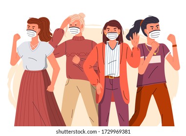 Group of young girls wear face medical masks protesting against spreading virus. Women calling to fight with virus. Attention to world virus pandemic. Cartoon vector characters at flat background