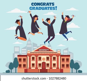 Group of young graduates with diploma jumping over the city. Stylish modern vector illustration with happy male and female teenagers. Graduation concept