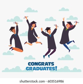 Group of young graduates with diploma jumping on white background with copy space. Stylish modern vector illustration with happy male and female teenagers.  Graduation concept