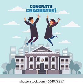 Group of young graduates with diploma jumping over the city. Stylish modern vector illustration with happy male and female teenagers. Graduation concept