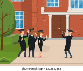 group of young graduates are photographed against the backdrop of the university. Vector illustration in flat style.