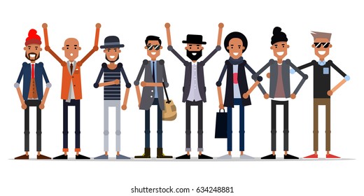 A group of young guys in fashionable clothes. Vector illustration isolated on white background