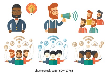 Grupo de jóvenes y felices empresarios que utilizan la tecnología en los negocios globales. El concepto global de negocios y globalización. Concepto de tecnología empresarial. Conjunto de ilustraciones vectoriales aisladas en fondo blanco.