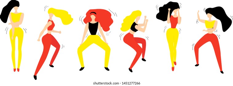 Group of young happy dancing   female dancers isolated on white background. Girls dancing fitness. Colorful vector illustration in flat cartoon style.

