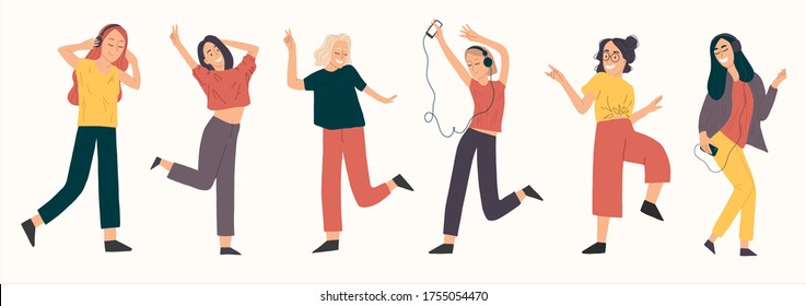 Group of young happy dancing girl full length use headphones.Smiling  and enjoying party dance.Vector hand drawn illustration in flat cartoon style.