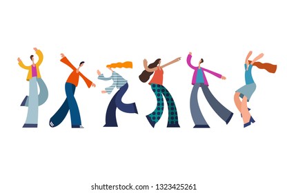 	
Group of young happy dancing people or  dancers isolated on white background. young men and women enjoying dance party.  vector illustration in flat cartoon style.