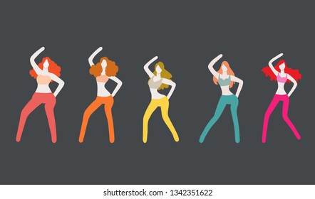 Group of young happy dancing people female dancers isolated. Smiling young men and women enjoying dance party.