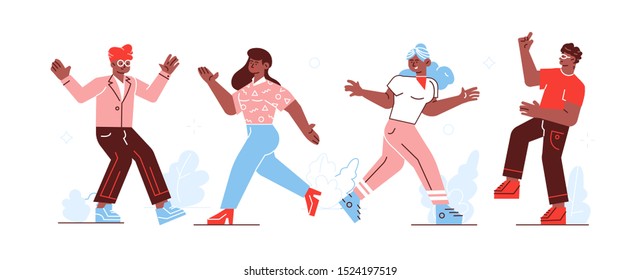 Group of young happy dancing people or male and female dancers isolated on white background. Smiling young men and women enjoying dance party.Flat colorful in cartoon style vector illustration for web