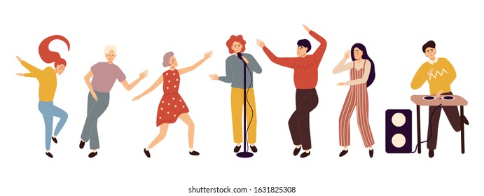 Group of young happy dancing people or male and female dancers isolated on white background. Smiling young men and women enjoying dance party. 
