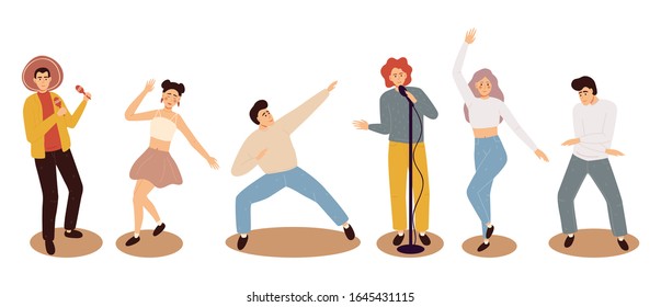 Group of young happy dancing people or male and female dancers isolated on white background. Smiling young men and women enjoying dance party. 