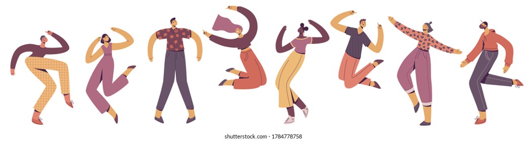 Group of young happy dancing people. Male and female dancers isolated on white background. Smiling young men and women enjoying dance party. Stock vector illustration in flat trendy style.