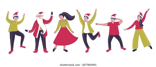 Group of young happy dancing people and Santa Claus. Smiling young men and women enjoying Christmas or New year party. Vector illustration