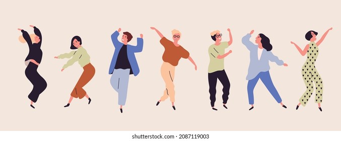 Group of Young Happy Dancing People in flat vector illustration style