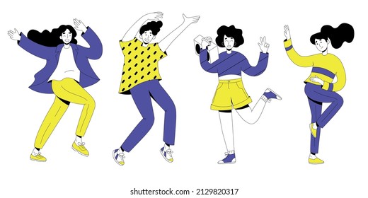 
Group of young happy dancing people listening the music on the their boombox. Set of diverse smiling man and woman, Vector stock illustration isolated on the white background.