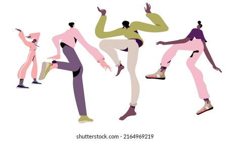 Group of young happy dancing people or male and female dancers isolated on white background. Vector illustration flat design. Use in Web Project and Applications. 
