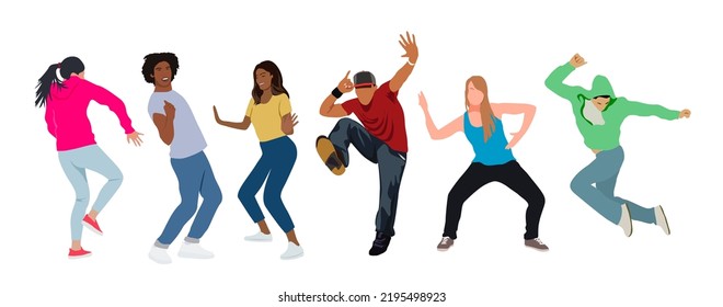 Grupo de jóvenes bailarines felices o bailarines hombres y mujeres aislados de fondo blanco. Hombres y mujeres jóvenes sonrientes disfrutando de una fiesta de baile. Ilustración vectorial colorida al estilo de dibujos animados planos.