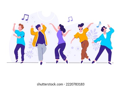 Group of young happy dancing people or male and female dancers isolated on white background. Smiling young men and women enjoying dance party. Colorful vector illustration in flat cartoon style.