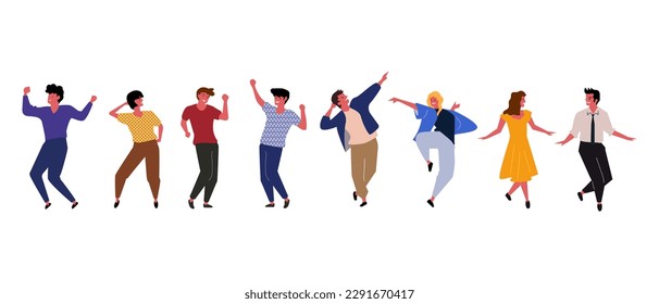 Group of young happy dancing people or male and female dancers isolated on white background. Smiling young men and women enjoying dance party. Colorful vector illustration in flat cartoon style.