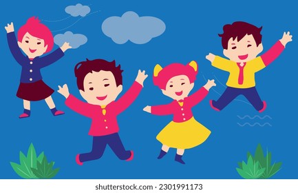 Group of young happy dancing people, dancing characters. Dance party, disco