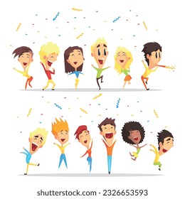 Group of young happy dancing people. Joyful teenagers celebrating holiday with colorful confetti cartoon vector