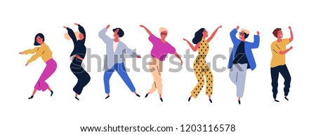Group of young happy dancing people or male and female dancers isolated on white background. Smiling young men and women enjoying dance party. Colorful vector illustration in flat cartoon style. 商業照片 © 