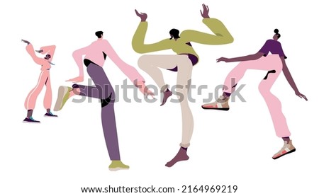 Group of young happy dancing people or male and female dancers isolated on white background. Vector illustration flat design. Use in Web Project and Applications. 
