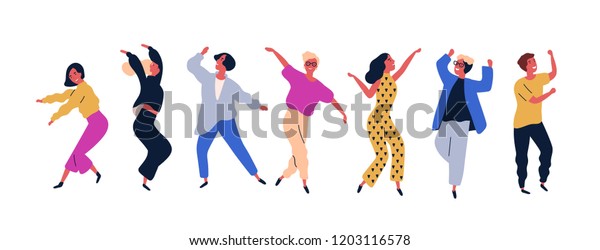 白い背景に幸せな踊りをする若い人々 または男女のダンサーのグループ 笑顔の若い男女がダンス パーティーを楽しむ フラットな漫画スタイルのカラフルなベクターイラスト のベクター画像素材 ロイヤリティフリー