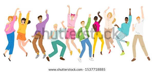 若い幸せな踊り人々 踊り人物 男性と女性のダンスパーティー ディスコのグループ のベクター画像素材 ロイヤリティフリー