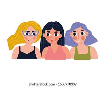 Group of young happy girls. Female diverse faces. Beautiful young girls portrait. International womens day. Cartoon vector girls. Handdrawn illustration.
