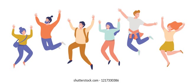 Group of young happy laughing people jumping with raised hands. Friendship. Vector flat cartoon  illustration isolated on white background.