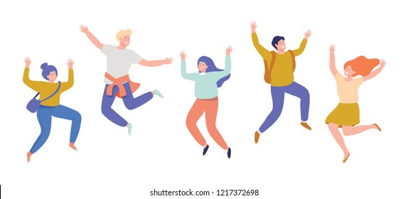 Group of young happy laughing people jumping with raised hands. Students. Vector flat cartoon illustration isolated on white background.